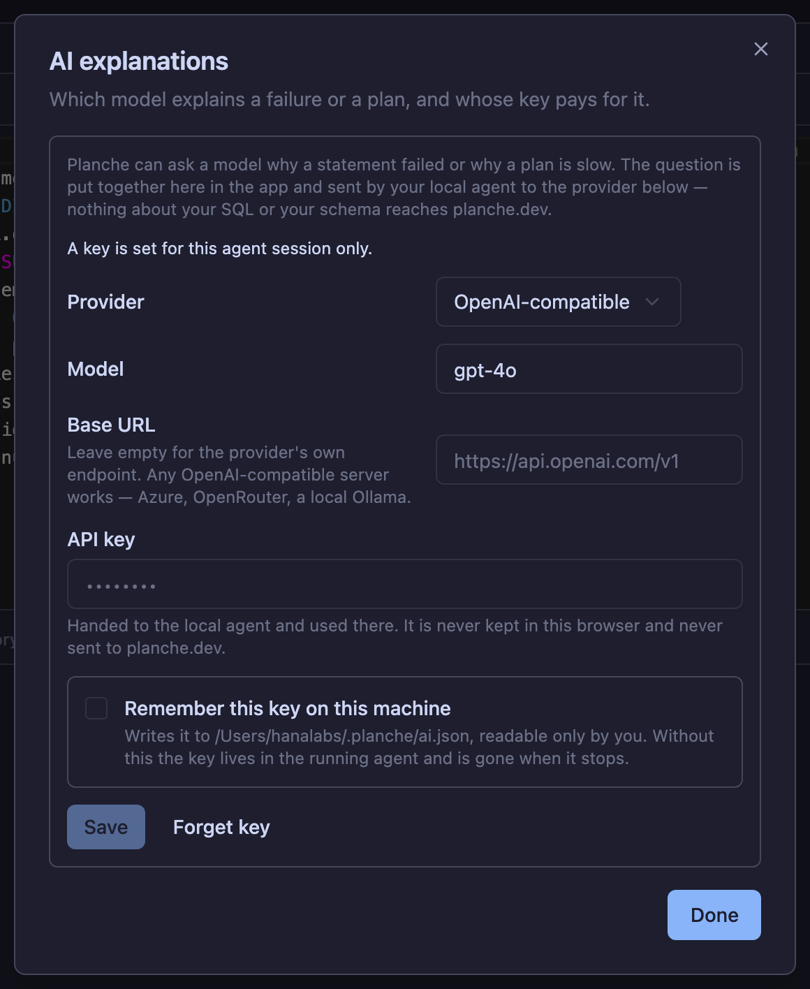Settings › AI. Two of the providers need no key at all.