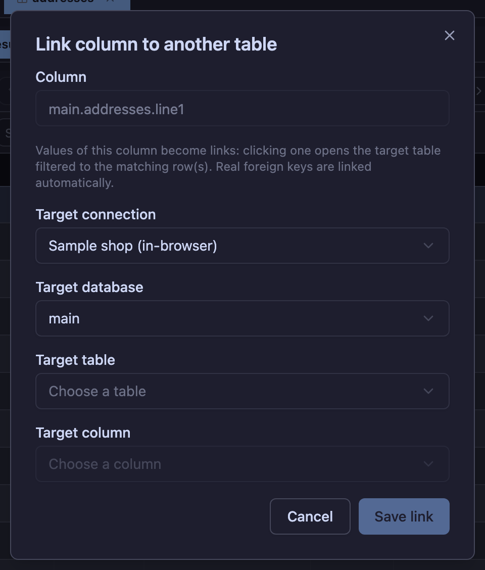 Pick where the column points: a connection, a database, a table and the column to match on.