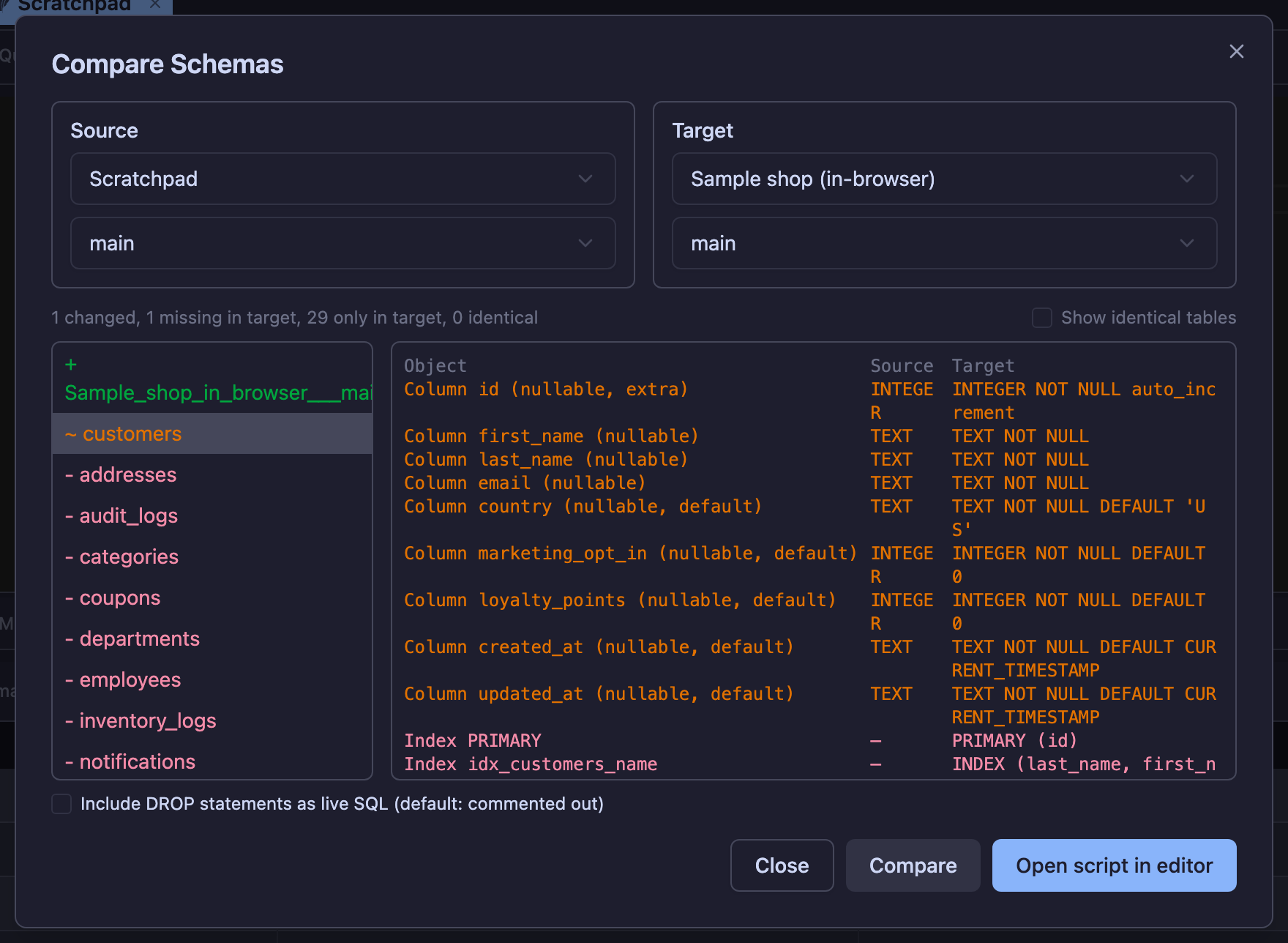 Two databases side by side: missing, changed and extra objects.
