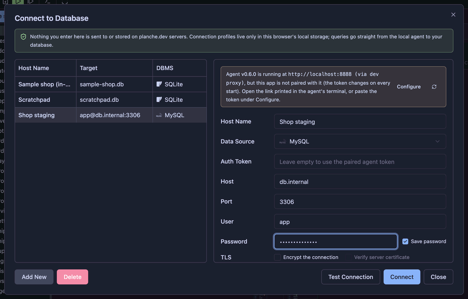 A MySQL profile. The list on the left holds your saved profiles; the form on the right changes with the engine.