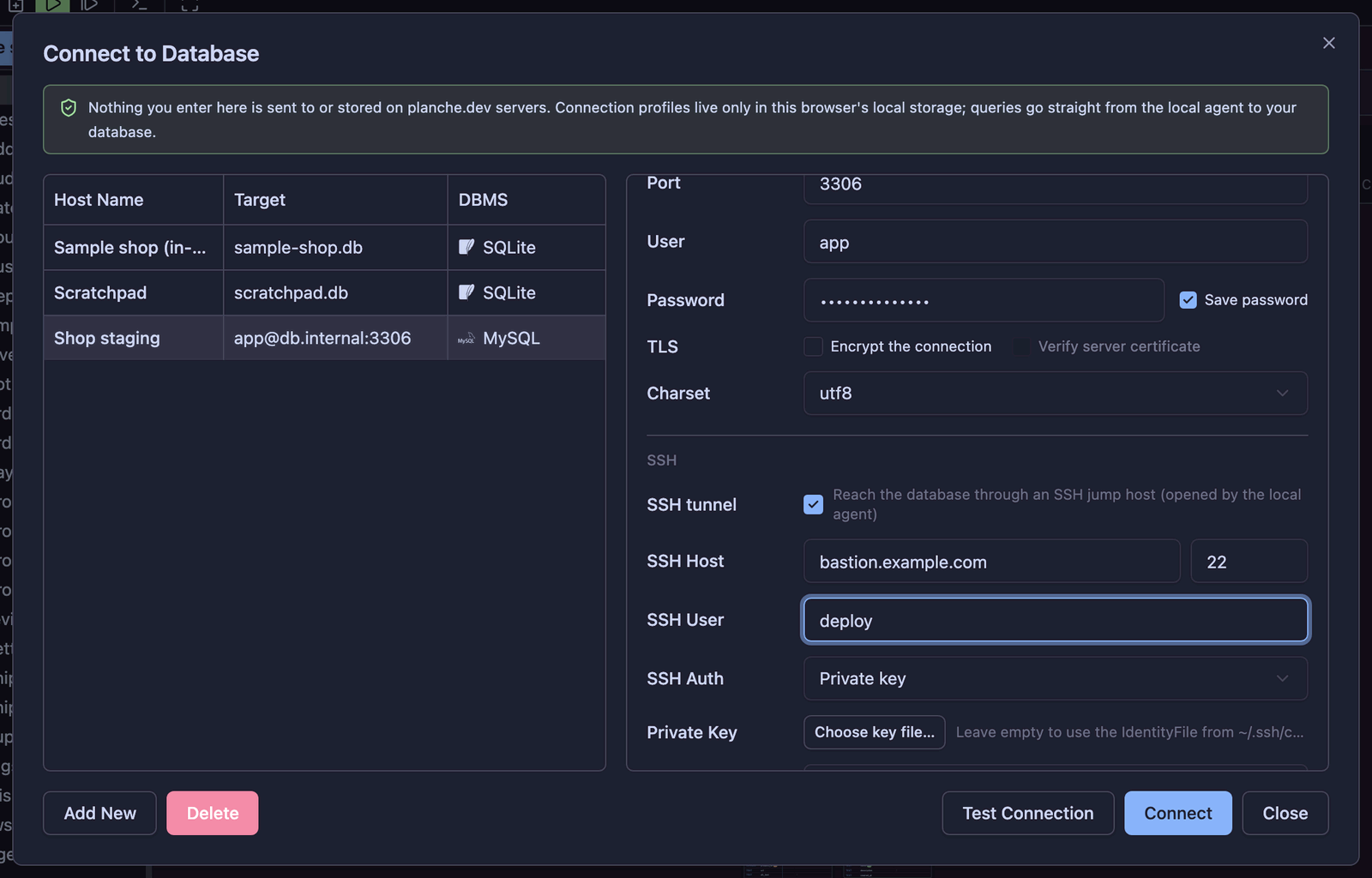 The SSH section: jump host, user and authentication. Host and port above stay the database's, as seen from the jump host.