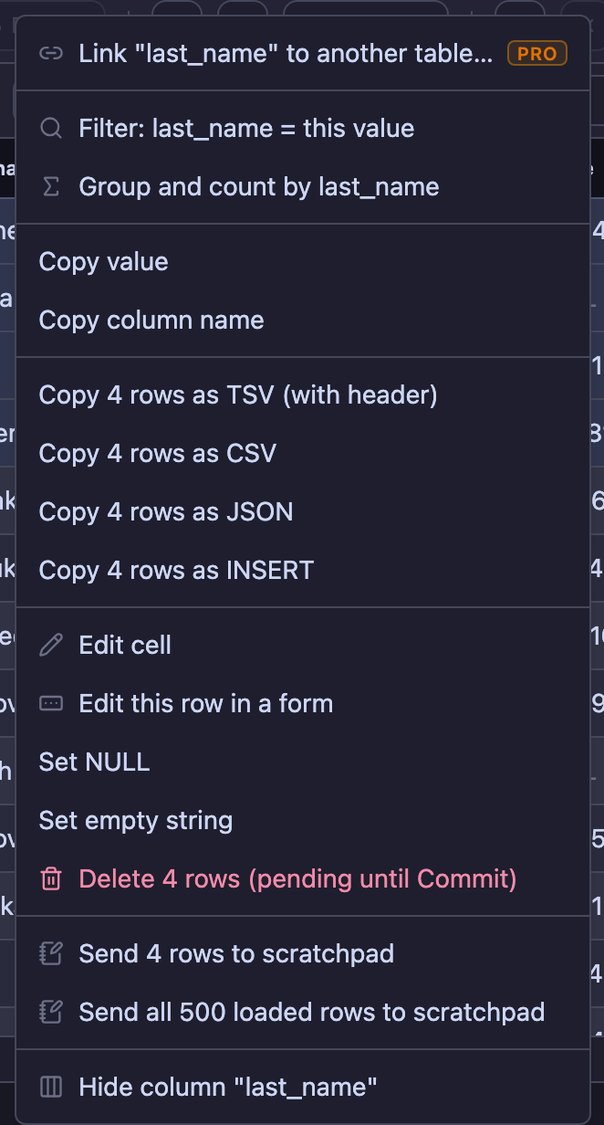 The cell menu acts on the selection: links, filters, copies, edits and column visibility.