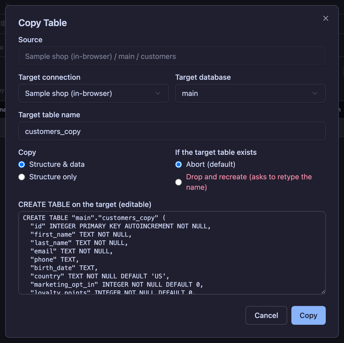 Recreate a table on another connection, structure only or with its rows.