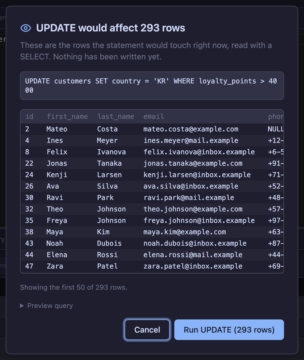 An UPDATE previewed as a SELECT: how many rows, and which ones.