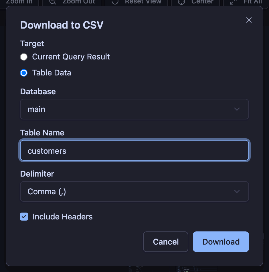 Exporting a table: delimiter, headers, and a progress bar while it streams.