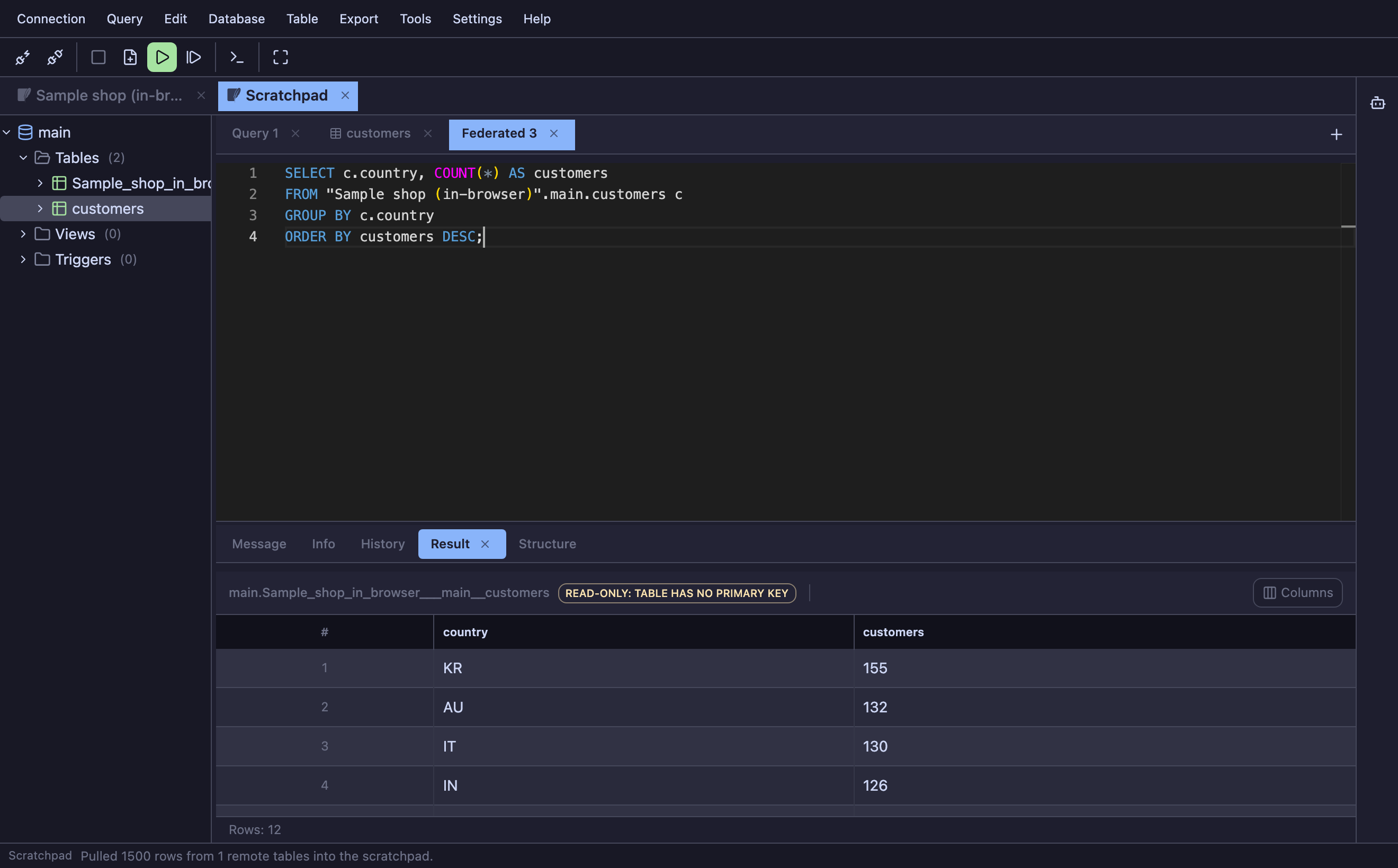 A remote table pulled into the scratchpad and aggregated locally.