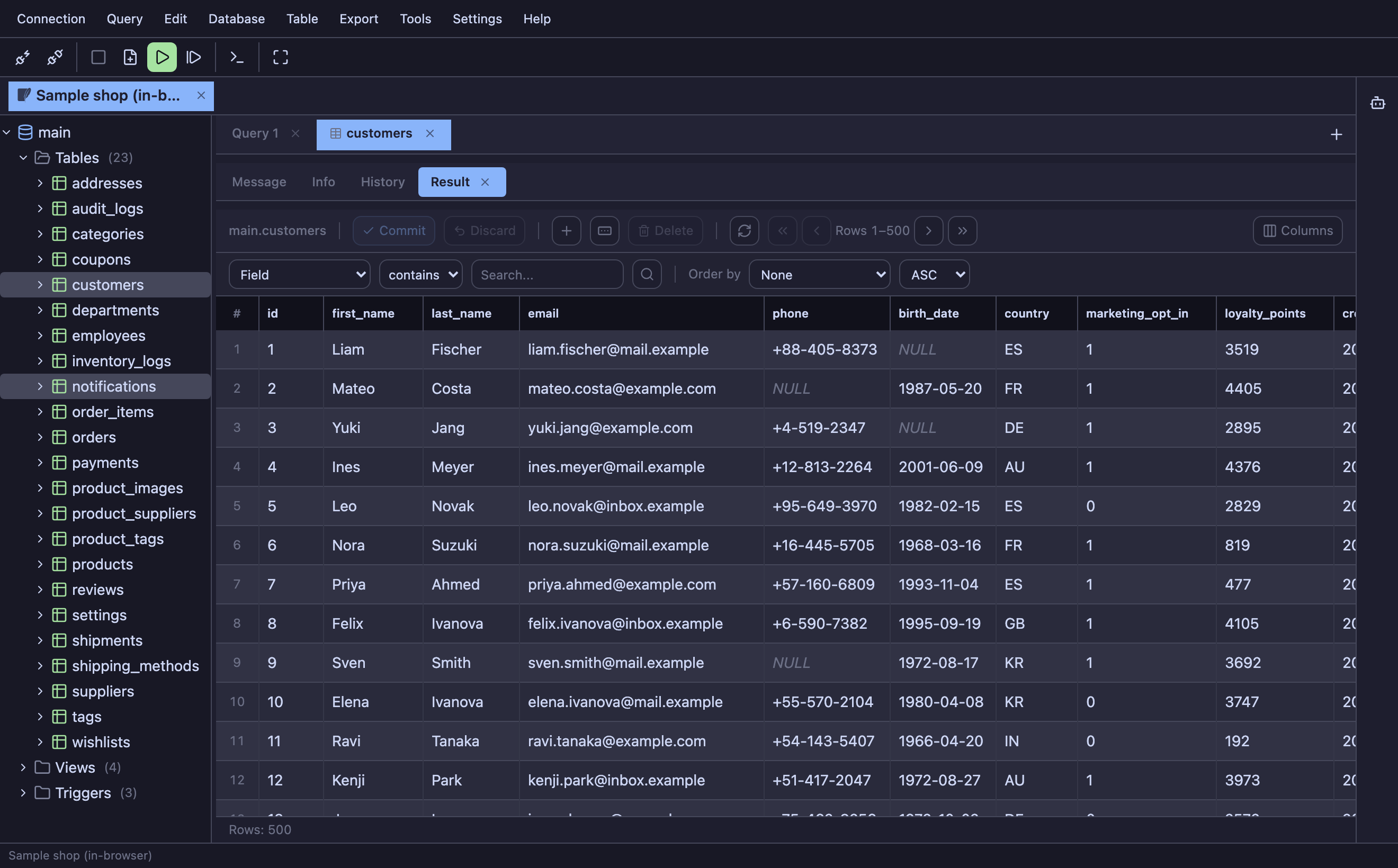 A table opened from the tree: edit toolbar, search, order-by and column picker.