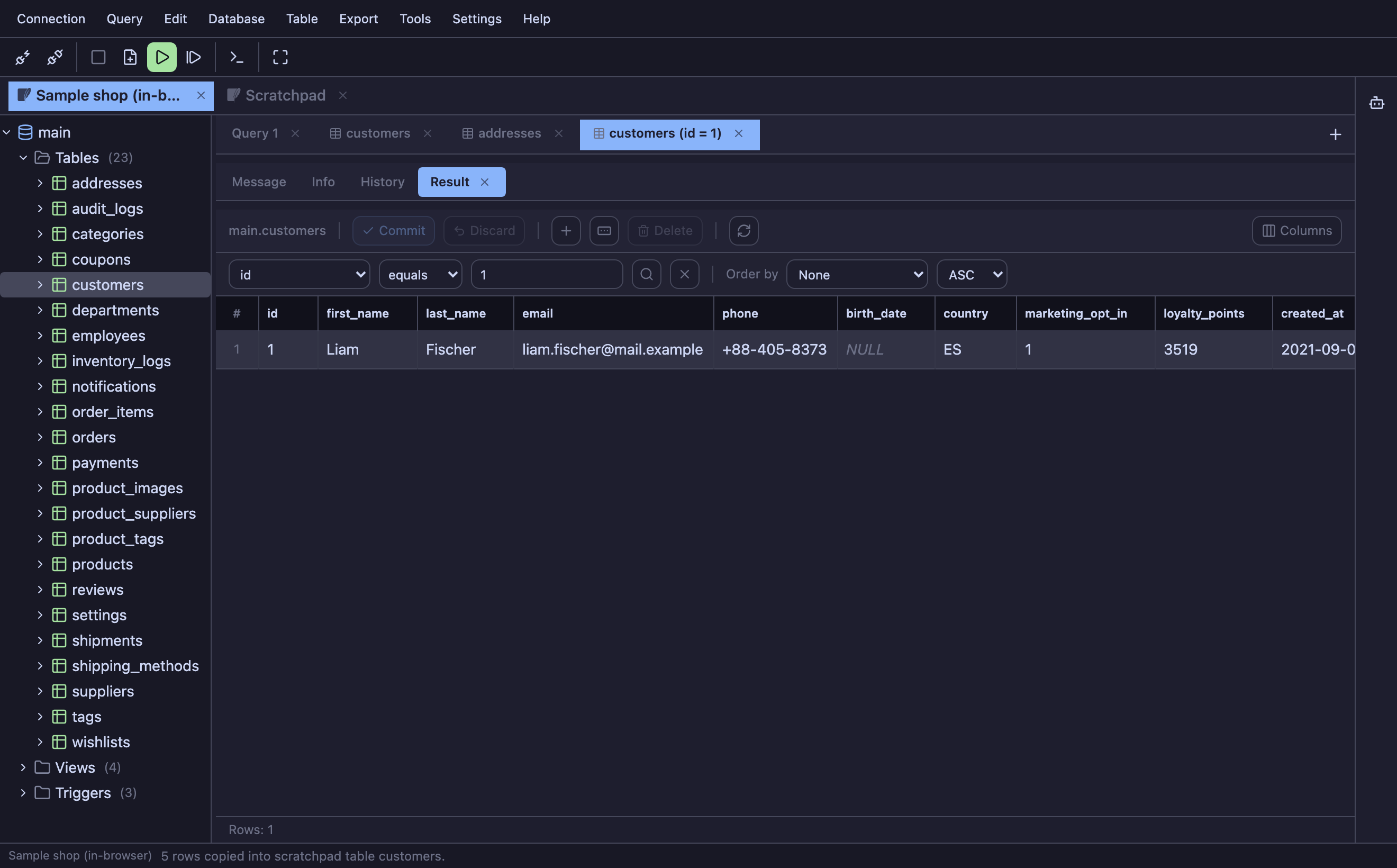 Clicking a customer id in addresses opens customers, filtered to exactly that customer.