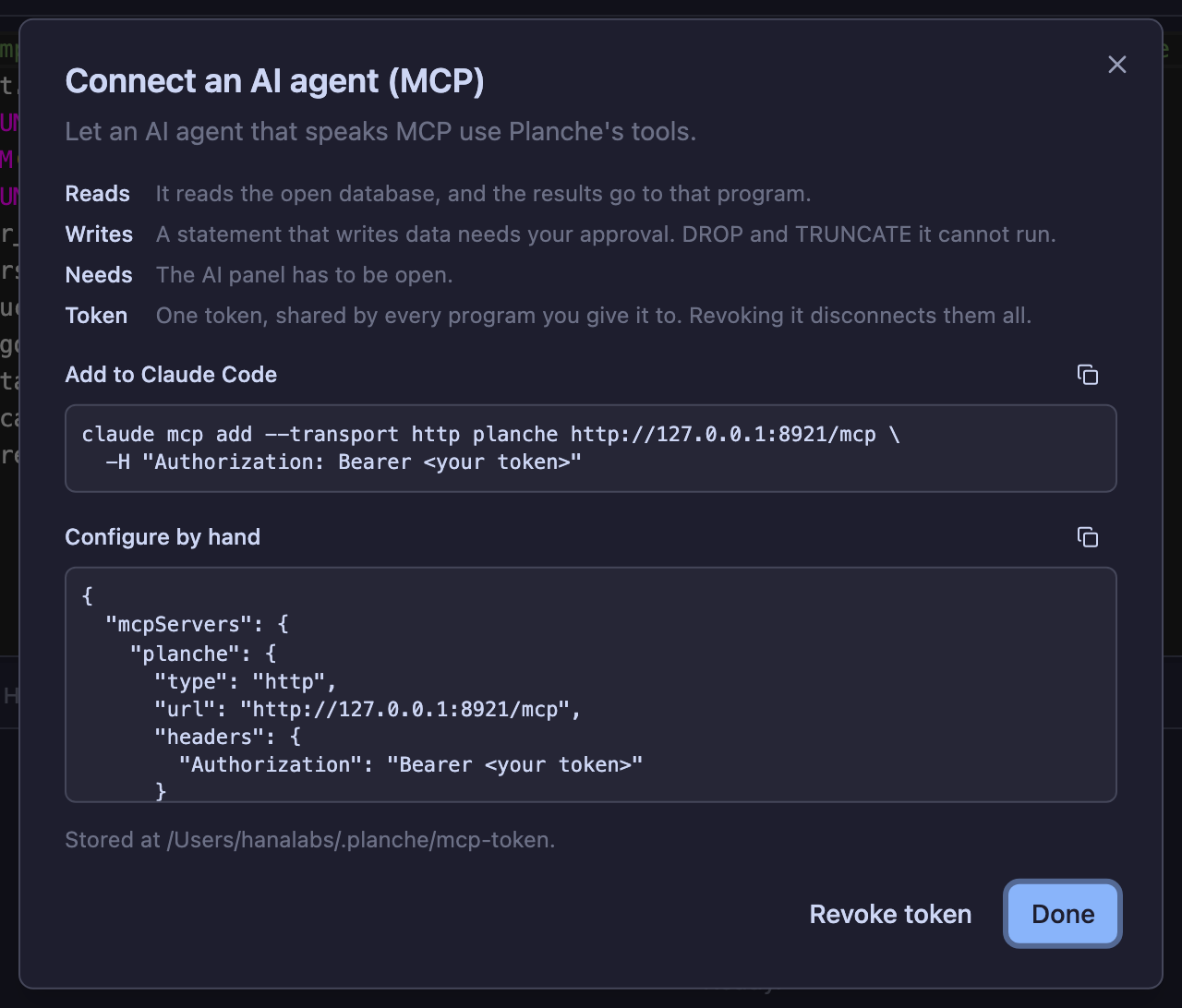 Help › Connect an AI agent: what the token can reach, and the line to paste.