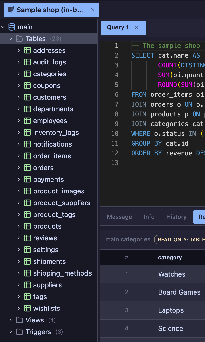 Tables, views and triggers of the sample database, with counts.