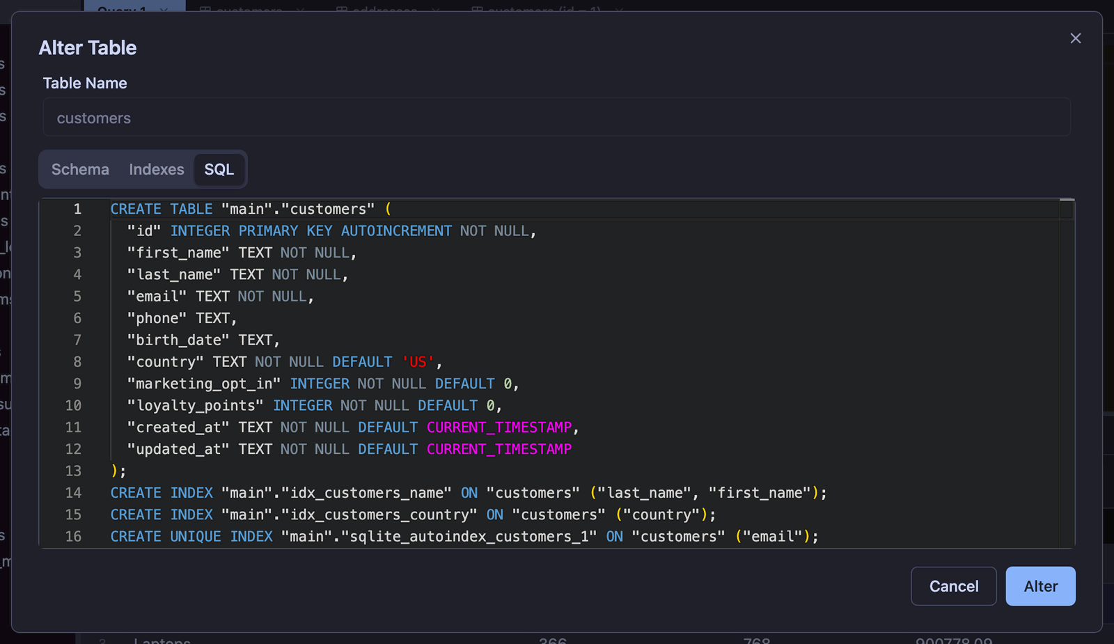 The generated DDL, always in sync with the form.