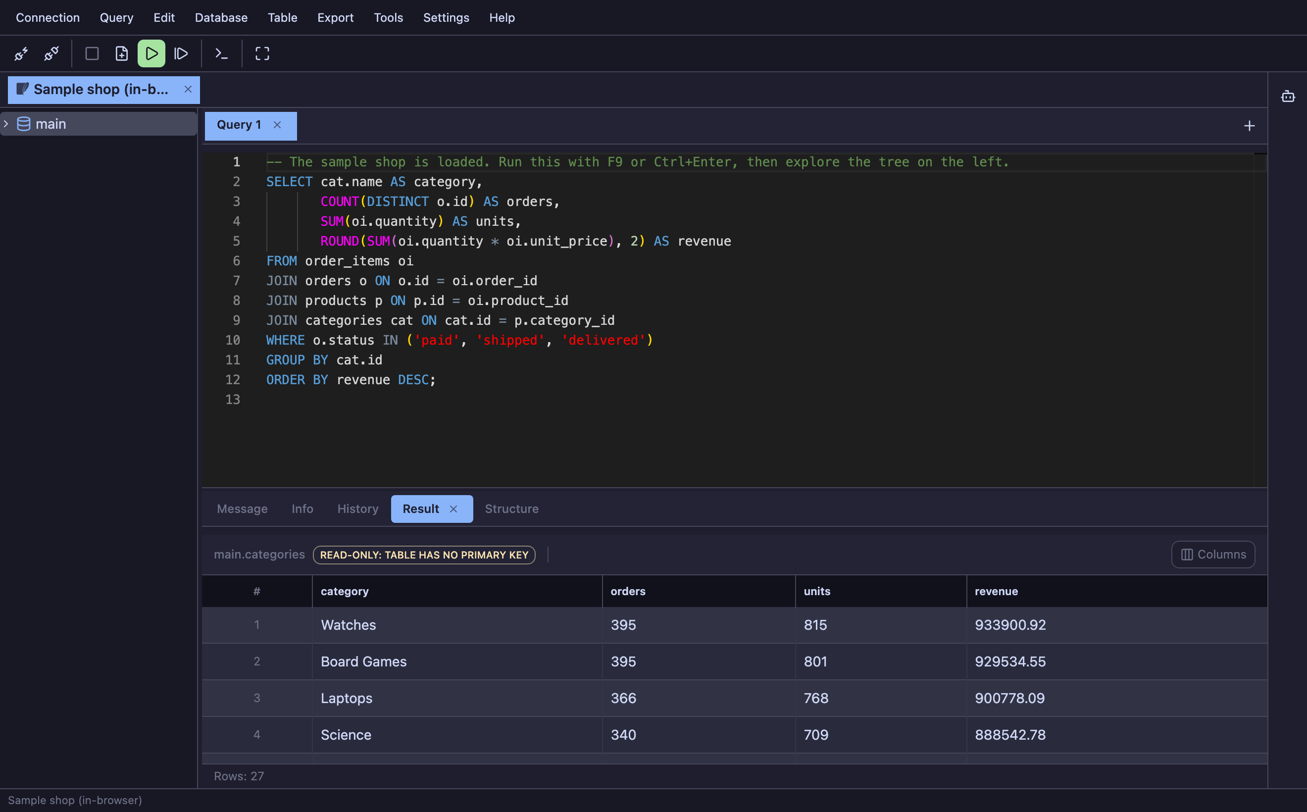 The sample database, open: connection tabs at the top, schema tree on the left, SQL editor above the results.